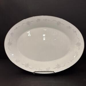 Noritake Casablanca 16” Oval Serving Platter White Floral Platinum Trim